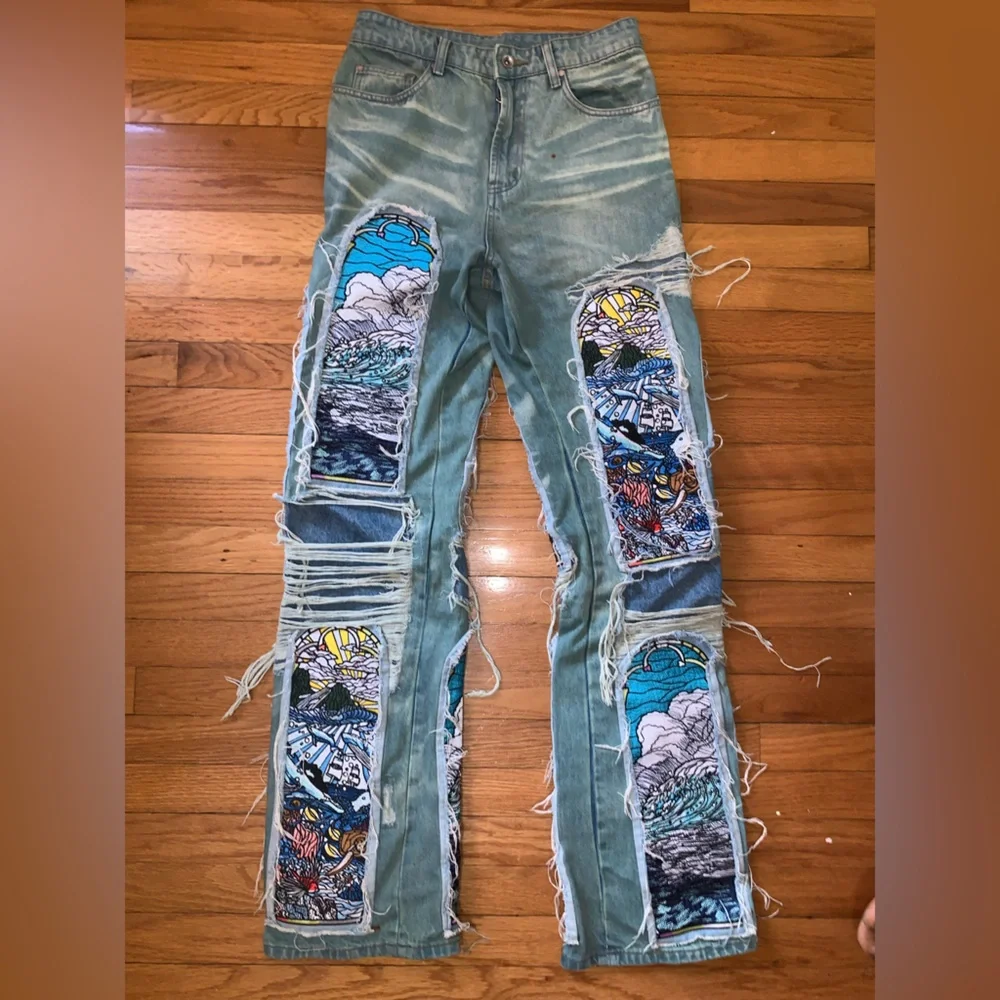 WHO DECIDES WAR PANTS GREEN SANDY WAR FUSION EMBROIDERED JEANS WAIST 28 MRDR BRA
